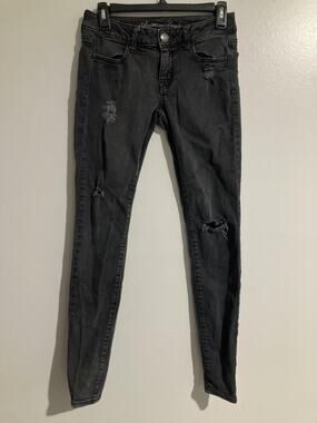American Eagle Jeans Womens 4 Gray Skinny Low Rise Charcoal Wash Distressed